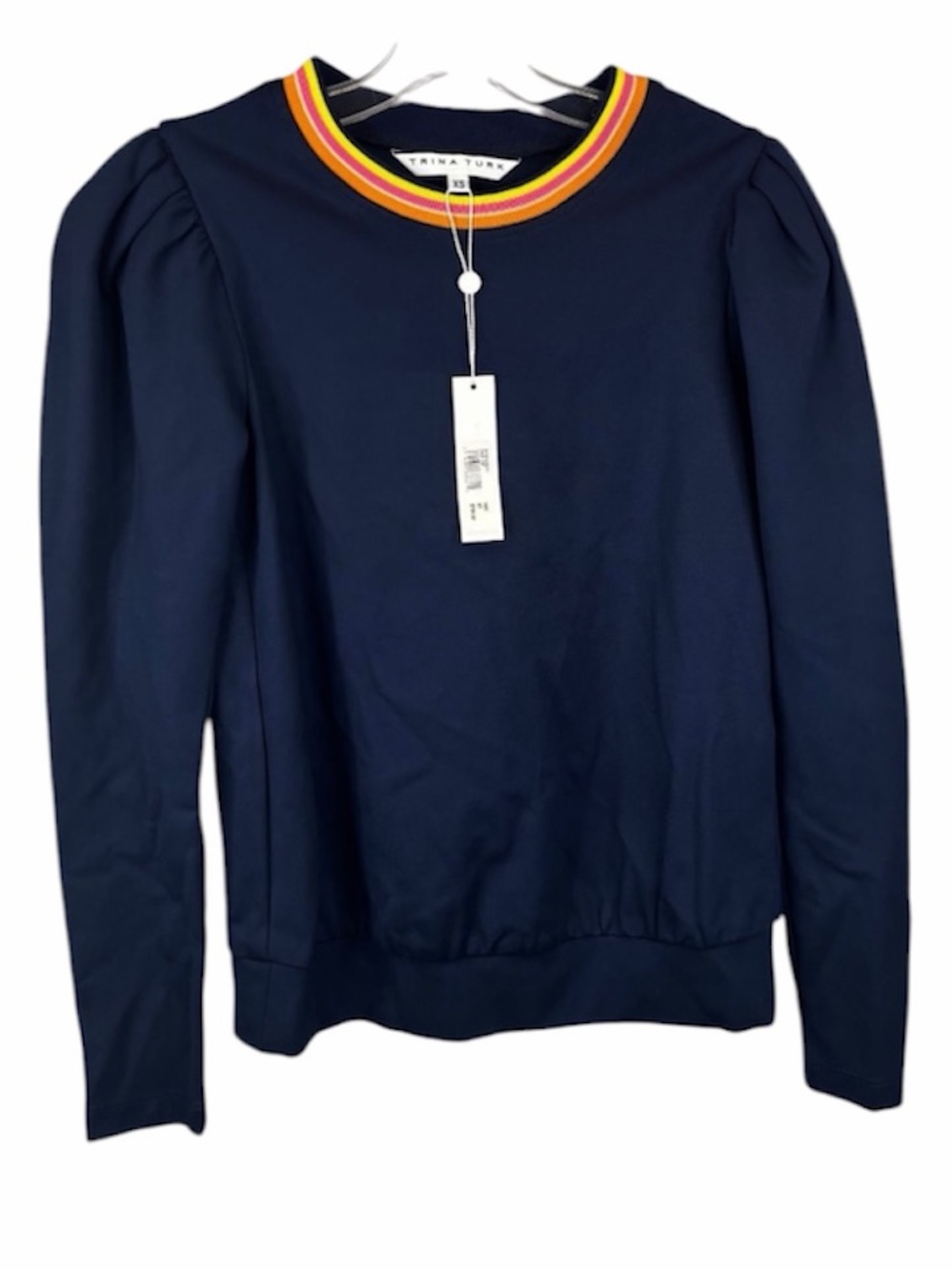 NWT Trina Turk Navy Long Sleeve Pullover with Multicolor Stripe Collar size XS